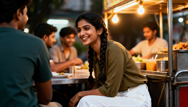 Smiling young Indian woman enjoying street food with friends at night. Happy group of friends socializing at an outdoor food stall in a city. Authentic local lifestyle concept