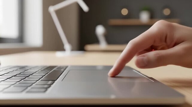 Closeup of Finger Touching Laptop Trackpad in Modern Office Setting