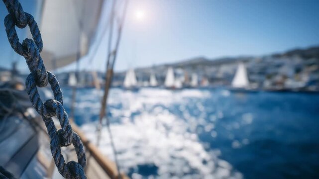 Close-up of sailboat deck chain, high-resolution sea reflections, distant urban city and harbor visible, capturing nautical adventure