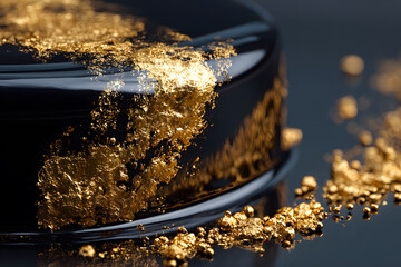 Delicious round red dessert with gold accents served on a plate at a fine dining restaurant