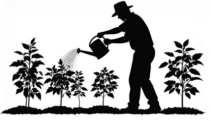 black silhouette vector of a man watering plants, white background