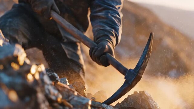 Close-up of underground mining scene, miner breaking rock with pickaxe, warm shadows and textured tunnel walls emphasizing depth and grit