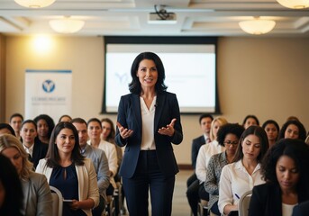 Confident professional woman leading a business presentation to a diverse audience