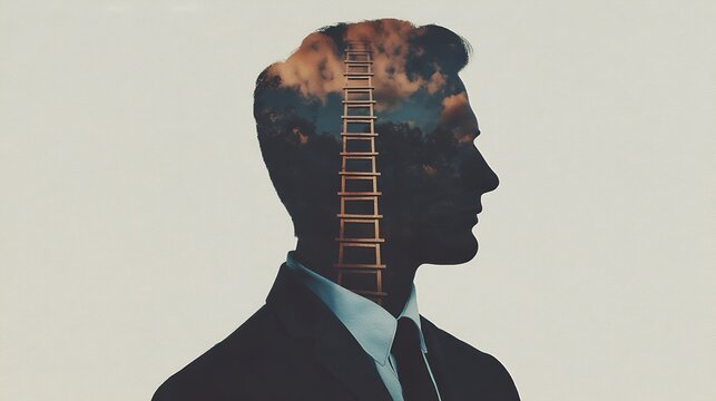 A silhouette of a man with a ladder and clouds inside his head, symbolizing aspirations and mental growth.