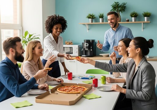 Office team enjoys pizza during a casual lunch break together