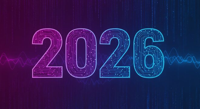 Digital futuristic 2026 number with circuit board pattern design background