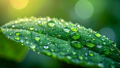 Close-up of a vibrant green leaf glistening with water droplets in natural sunlight