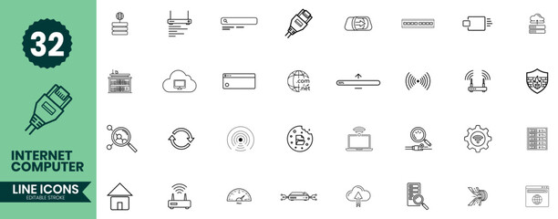 Internet and Computer Line Icons Set. Technology, Network, and Digital Connection Outline Icons