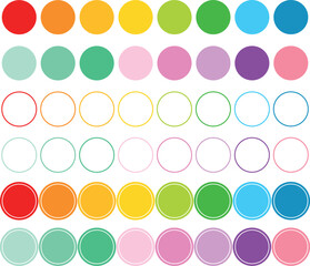 set of colored circles, A colorful array of circles arranged in rows with varying fills and outlines on a white background