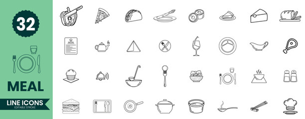 Meal Line Icons Set 32 Food and Dining Outline Vector Symbols
