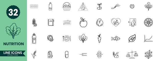 Nutrition Line Icons Set 32 Healthy Food and Diet Vector Symbols