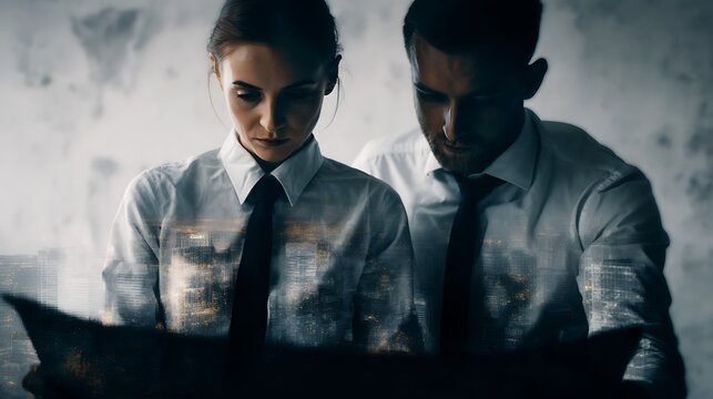 A couple in formal attire examines a detailed blueprint, symbolizing collaboration and planning in a modern urban setting.