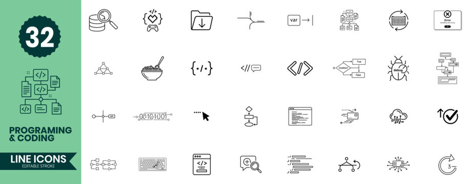 Programming and Coding Line Icons Set. Developer and Software Outline Vector Icons