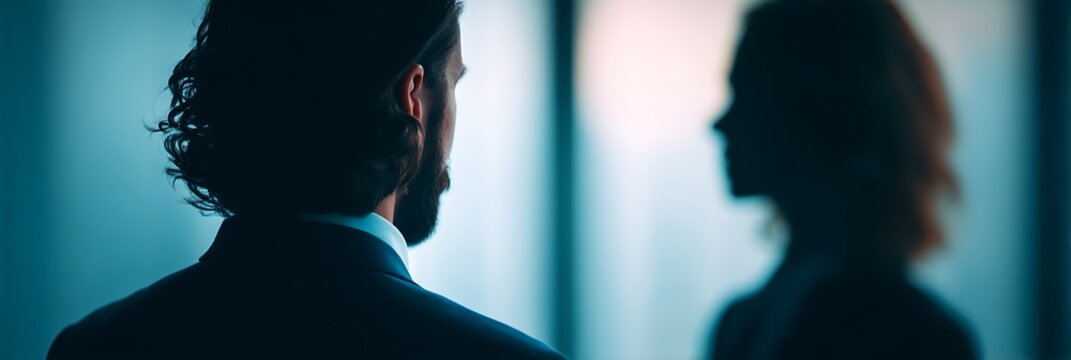 A man in a suit stands facing away from a shadowy figure, creating a sense of mystery and intrigue in a softly lit environment.