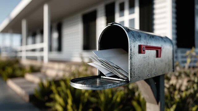 Empty mailbox with open door in front of traditional farmhouse
