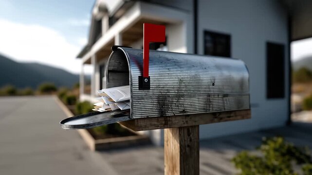 Modern black mailbox on wooden post near suburban house entrance