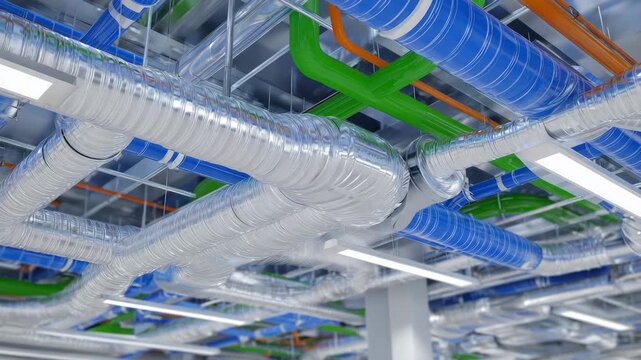 Detailed 3D BIM model of building ventilation ducts, pipes and connections visualized in vector style, technical layout emphasized for construction and planning