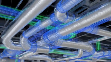 Detailed BIM 3D model illustration of ventilation ducts, vector-style rendering highlighting connections, bends, and airflow network for architectural and engineering planning