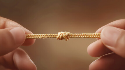 Hands tightly pulling a rope with knot, symbolizing tension, pressure, challenge and resilience in a close-up conceptual scene with warm dramatic lighting.