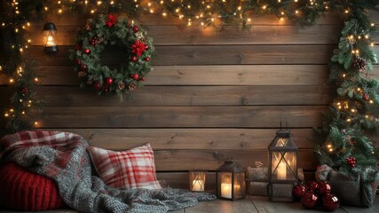 Warm rustic Christmas interior with wooden walls, twinkling string lights, festive wreath and glowing lantern candles, cozy winter holiday backdrop for cards and decor - Powered by Adobe