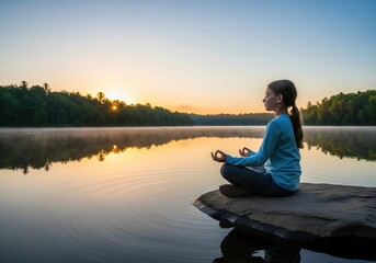 Young girl meditating by a tranquil lake at sunrise
