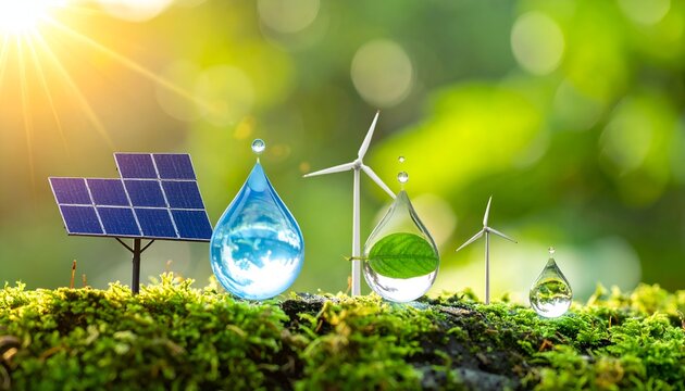 Green energy concept art with solar panels, wind turbines, and water droplets against a blurred backdrop