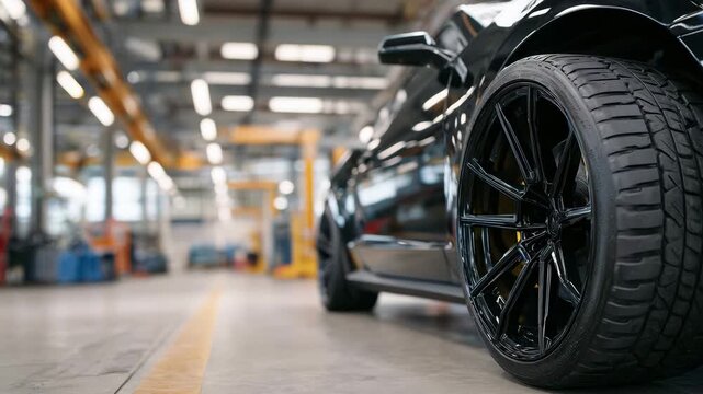 Detailed macro shot of a black alloy wheel with wide tire, emphasizing deep tread pattern for speed and grip, automotive garage in soft focus background