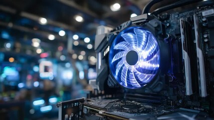 Detailed macro view of a graphics card’s heat sink and fan blades catching light from inside a high-performance gaming PC - Powered by Adobe