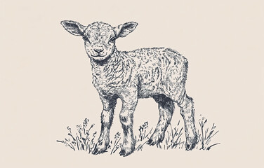 Sheep, lamb. Vintage retro print, black white sheep lamb sketch ink pencil style drawing, engrave old school. Sketch artwork silhouette farm sheep lamb. Side view profile. Illustration