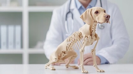 Young male doctor showcases unique skeleton dog model in his modern clinic setting