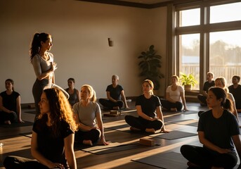 People practicing yoga in a bright sunlit room with an instructor leading