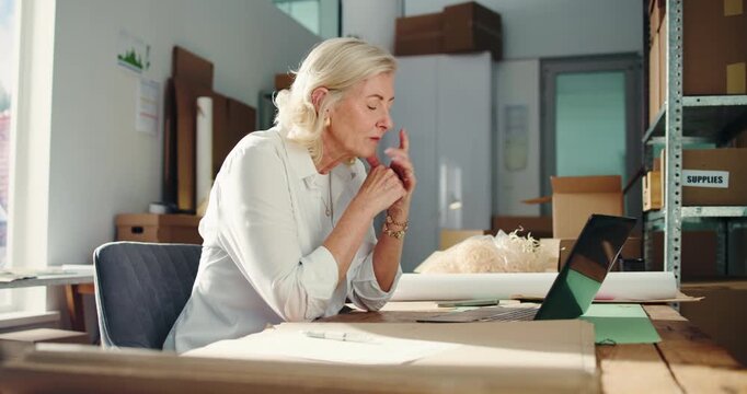 Thinking, ecommerce and laptop with woman in warehouse for delivery confirmation, inventory and vision. Shipping checklist, online order and reflection with mature person as entrepreneur for schedule