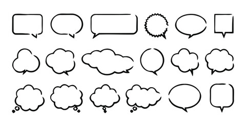 Fototapeta premium speech bubble, thought bubble, chat, dialogue, communication, talk, message, comment, quote, blank, empty, cloud, shape, icon, set, collection, hand drawn, sketch, doodle, outline, black, white backgr