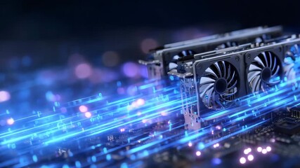 Dynamic 3D composition of multiple GPUs stacked for cryptocurrency mining, surrounded by digital glow and binary code visuals, banner layout with open space for text - Powered by Adobe