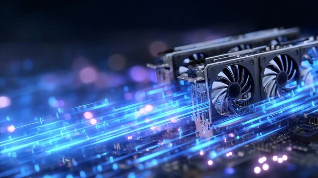 Dynamic 3D composition of multiple GPUs stacked for cryptocurrency mining, surrounded by digital glow and binary code visuals, banner layout with open space for text