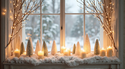 Cozy Winter Window with Snow-Dusted Trees and Candlelight

