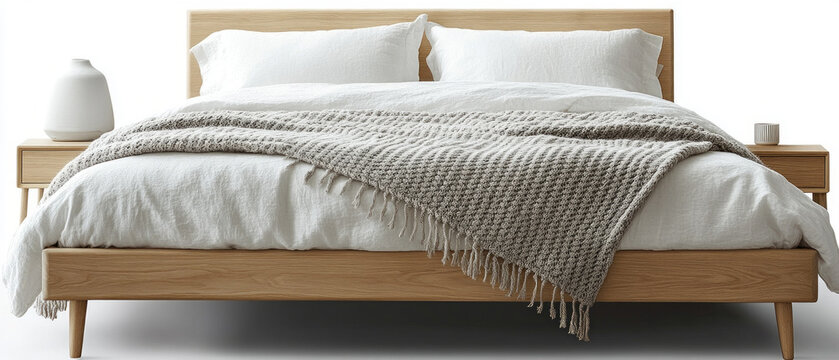 A stylish bedroom with neutral-toned textiles and minimalist furniture embodies cosiness, serving as an atmospheric backdrop for articles about home comfort or advertisements for bedding.