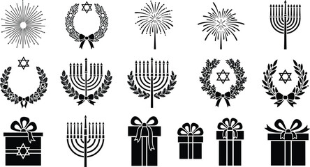 Hanukkah holiday vector bundle featuring menorah designs, Star of David wreaths, festive fireworks, and gift icons for Jewish celebration decoration