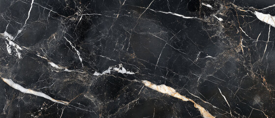 The texture of black marble with white and golden veins emphasises luxury, serving as an elegant backdrop for interior design or advertising premium products.