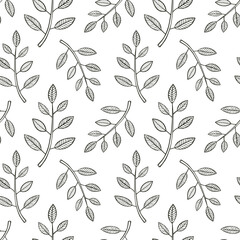 Vector seamless pattern of graceful twigs with leaves, contour graphics. Dynamic black and white outline background. Modern art for posters, social networks, fabrics, covers, textiles, wrapping paper.