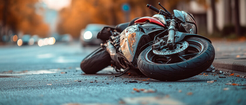 An overturned motorbike on the asphalt after an accident serves as a reminder of the dangers on the roads, used as a dramatic backdrop for social safety campaigns.
