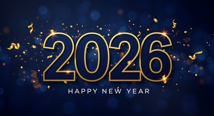 Fototapeta premium Happy New Year 2026 celebration with golden numbers and confetti background