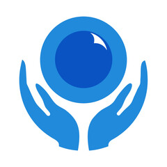 Blue hands holding a blue sphere with a highlight isolated on white background