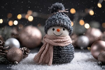 Obraz premium Knitted snowman figure sits among holiday ornaments with falling snow effects