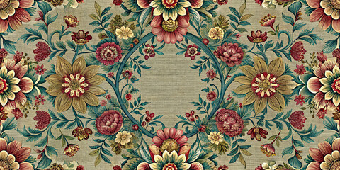 Ornate botanical wreath featuring detailed blossoms and winding foliage encircling gently textured background ideal for luxurious designs adding touch of natural opulence