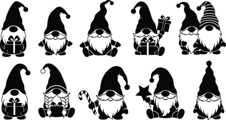 Adorable Christmas gnome silhouette collection with gifts, candy canes, stars and festive winter decorations in charming holiday vector design