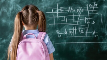 School girl engaged in learning math concepts while observing blackboard equations with long brown hair and light purple backpack