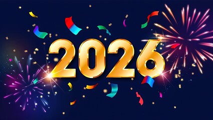 Golden 2026 numbers with fireworks and confetti new year