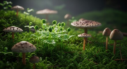 Mystical Mushroom Meadow Forest Floor with Dewy Ferns and Soft Light