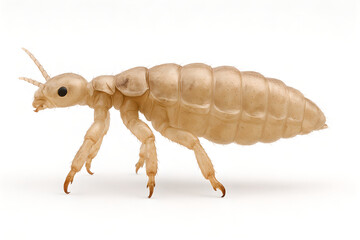 Photorealistic 3D anatomy of Pediculus humanus capitis (head louse), dorsal view, six segmented legs with single large tarsal claw opposing tibial thumb, elongated abdomen with visible spiracles